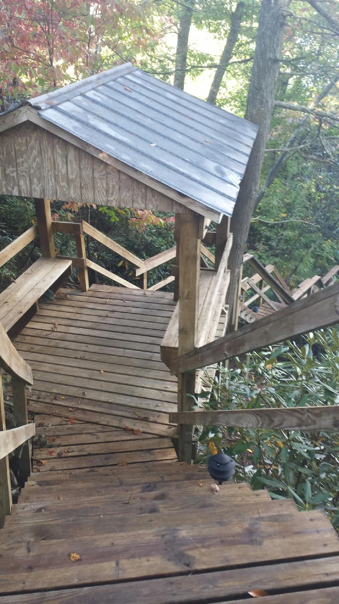 Metal roofed shelter over wooden steps on a wooded walkway — Skylight Repair & Installation work by our crew in Smithville Flats